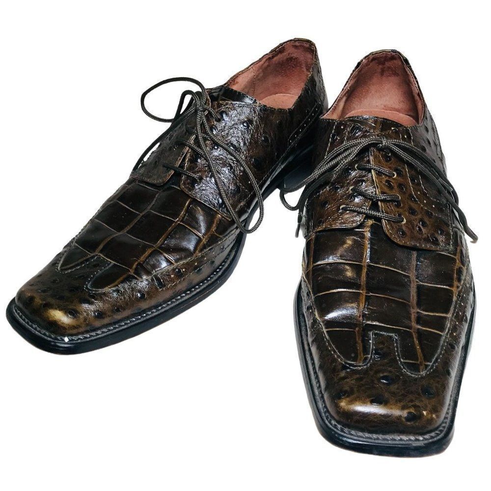 Fratelli Footwear Crocodile Ostrich Leather Lace Up Shoes Men's Size 9M Brown